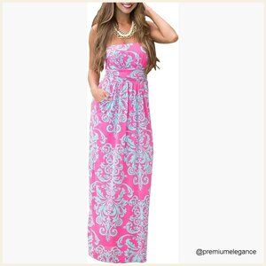 Strapless Maxi Dress with Pockets, Polyester Spandex, Boho Floral Print